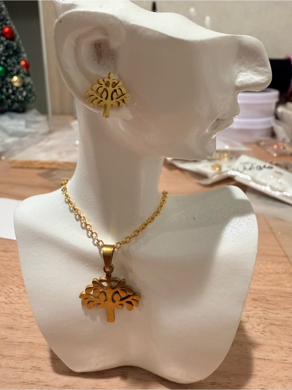 Gold Tree of Life Pendant Necklace and Stud Earrings - Gold Tone